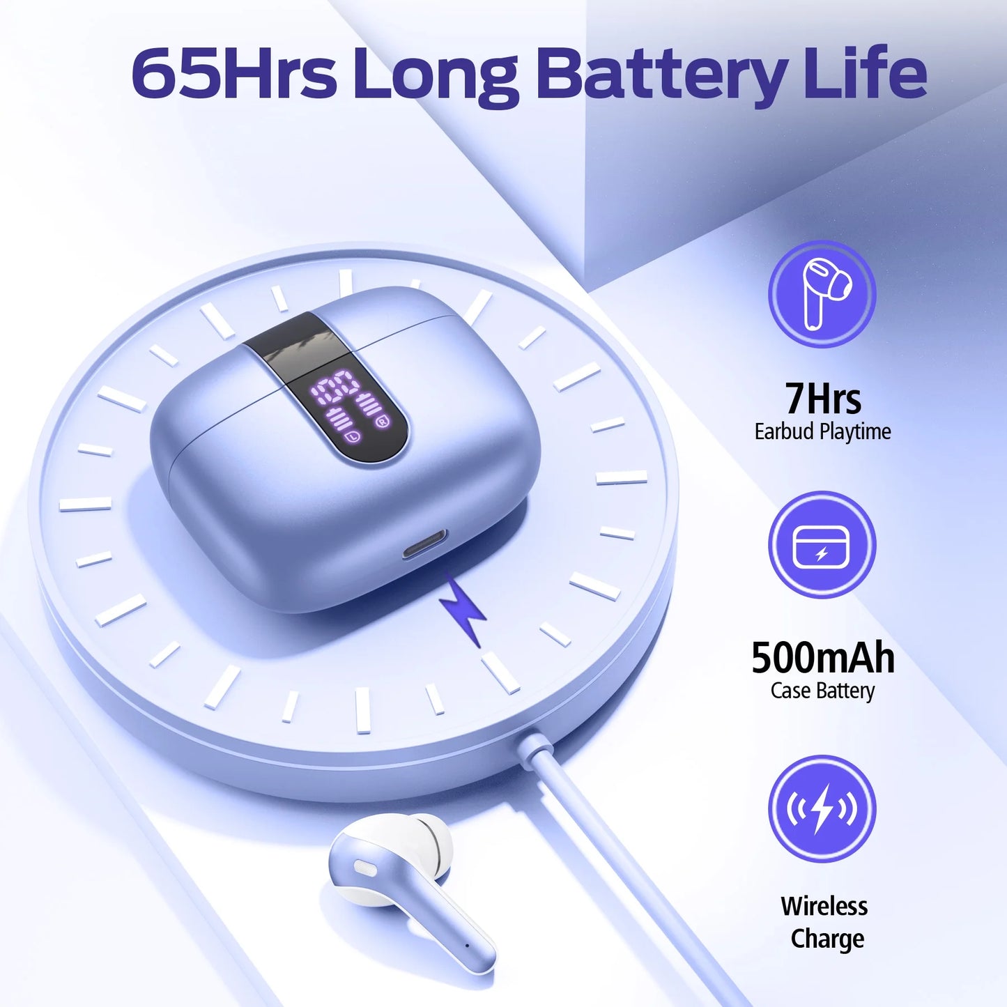 VEATOOL Bluetooth Headphones True Wireless Earbuds 65H Playback Power Display Earphones with Wireless Charging Case IPX7 Waterproof In-Ear Earbuds with Mic for TV Smart Phone Computer Laptop